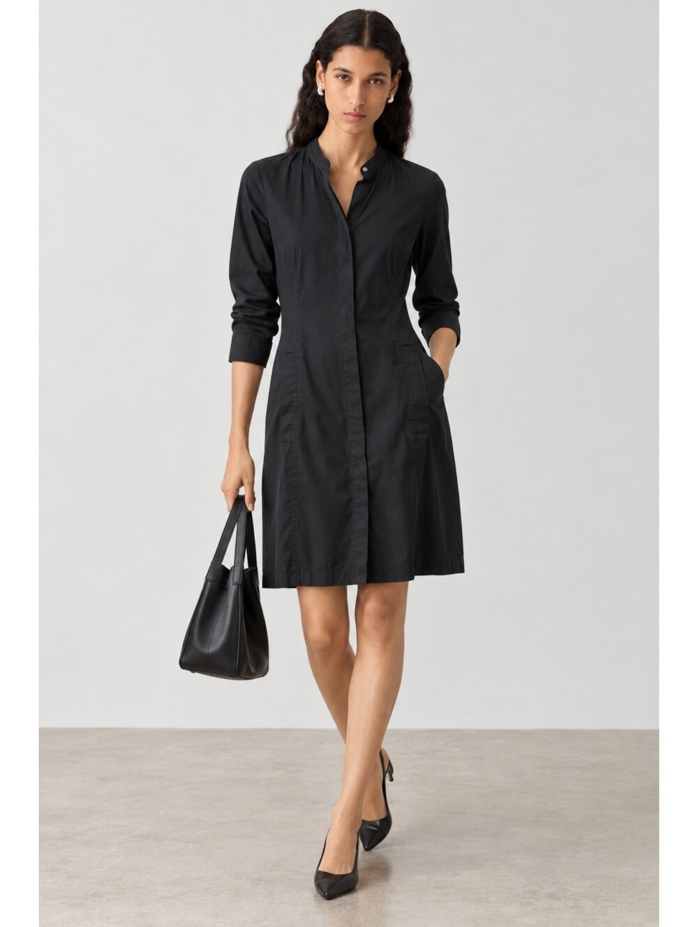 Theory Black Tailored Minimalist Shirtdress Mini Dress Long Sleeve Size 4